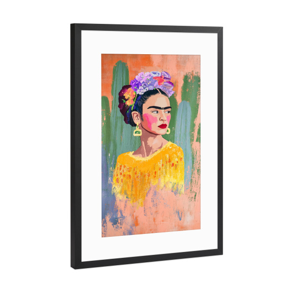 Poster mit Rahmen Schwarz (Metallic) "Kahlo und Kakteen" artboxONE - Floral,Abstrakt,Menschen