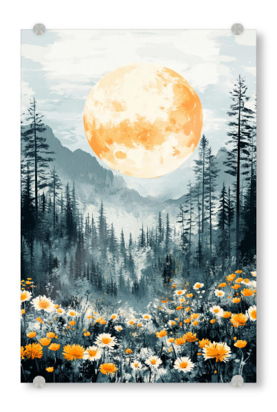 Acrylglasbild "Flowers Mountains Moon (matart)" artboxONE - Natur,Floral - Blumen,Gebirge,Wald,Mond,Wiese,Natur,Modern,Kunst
