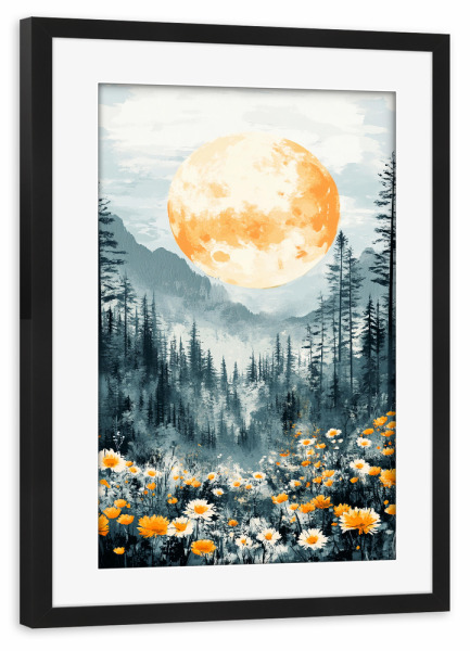 Poster mit Rahmen schwarz "Flowers Mountains Moon (matart)" artboxONE - Natur,Floral - Blumen,Gebirge,Wald,Mond,Wiese,Natur,Modern,Kunst