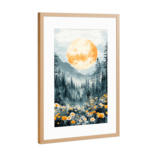 Poster mit Rahmen Kupfer "Flowers Mountains Moon (matart)" artboxONE - Natur,Floral - Blumen,Gebirge,Wald,Mond,Wiese,Natur,Modern,Kunst
