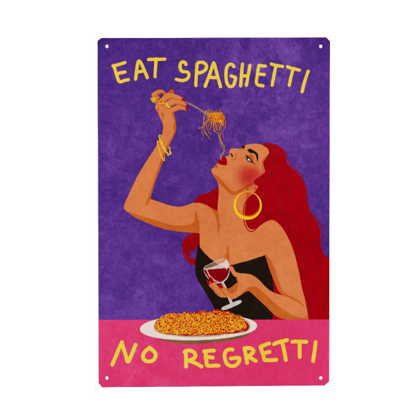 Holzbild "Eat Spaghetti no regretti" artboxONE - Typografie,Essen & Trinken,Menschen,Essen & Trinken / Alkohol,Lustig