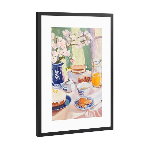 Poster mit Rahmen Schwarz (Metallic) "Frühstück im Café" artboxONE - Floral,Essen & Trinken,Abstrakt
