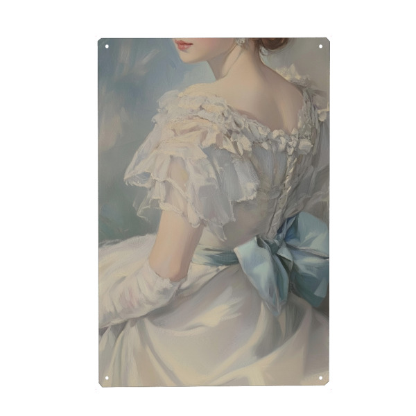 Holzbild "Hochzeitskleid mit blauem Band" artboxONE - Menschen,Liebe,Fashion,Für Mama - Weiblich,Dame,Feminin,Weißes kleid,Viktorianisch,Blaues band