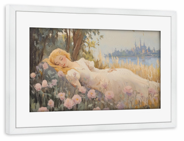 Poster mit Rahmen weiß "Dornröschen im Wald" artboxONE - Natur,Floral,Für Kinder,Comic,Fiktion