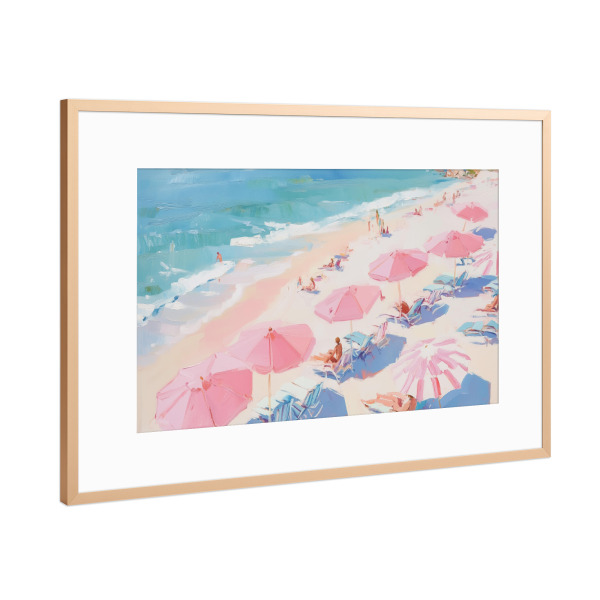 Poster mit Rahmen Kupfer "Rosa Sonnenschirme am Strand" artboxONE - Abstrakt,Reise / Strand und Meer,Festivals