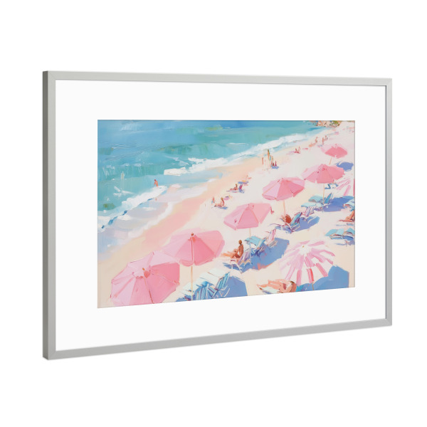 Poster mit Rahmen Silber "Rosa Sonnenschirme am Strand" artboxONE - Abstrakt,Reise / Strand und Meer,Festivals
