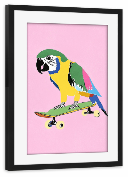 Poster mit Rahmen schwarz "Papagei auf Skateboard" artboxONE - Tiere,Sport,Lustig