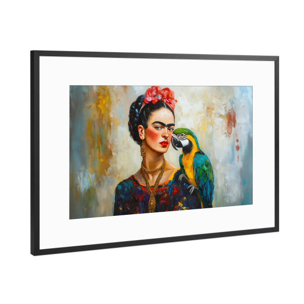 Poster mit Rahmen Schwarz (Metallic) "Frida Bunte Papageien Liebe" artboxONE - Floral,Tiere,Menschen