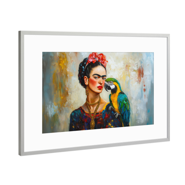 Poster mit Rahmen Silber "Frida Bunte Papageien Liebe" artboxONE - Floral,Tiere,Menschen