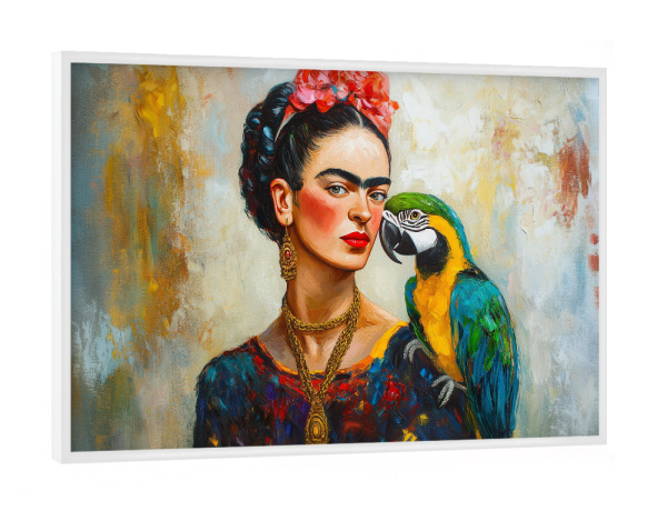 Poster mit weißem Rahmen "Frida Bunte Papageien Liebe" artboxONE - Floral,Tiere,Menschen