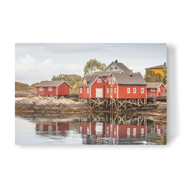 Leinwandbild "Bootshäuser in Norwegen" artboxONE - Reise,Reise / Länder - Fischerhütten,Fischerdorf,Norwegische küste,Lofoten,Skandinavien,Rote häuser