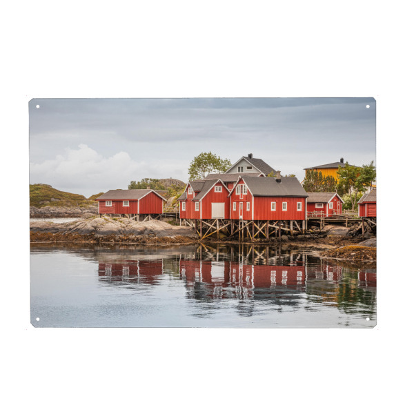 Holzbild "Bootshäuser in Norwegen" artboxONE - Reise,Reise / Länder - Fischerhütten,Fischerdorf,Norwegische küste,Lofoten,Skandinavien,Rote häuser