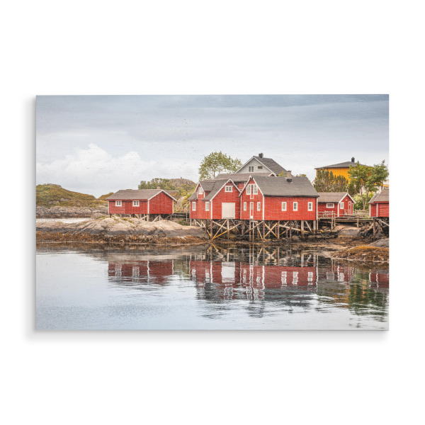 Holzbild "Bootshäuser in Norwegen" artboxONE - Reise,Reise / Länder - Fischerhütten,Fischerdorf,Norwegische küste,Lofoten,Skandinavien,Rote häuser