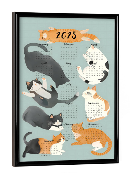 Poster mit schwarzem Rahmen "Katzenkalender" artboxONE - Tiere,Lustig - Katze,Katzenliebhaber,Kalender,2025,Neujahr,Weihnachten,Malerei,Kätzchen