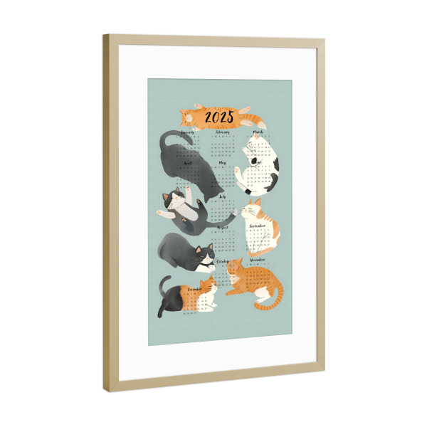 Poster mit Rahmen Gold "Katzenkalender" artboxONE - Tiere,Lustig - Katze,Katzenliebhaber,Kalender,2025,Neujahr,Weihnachten,Malerei,Kätzchen