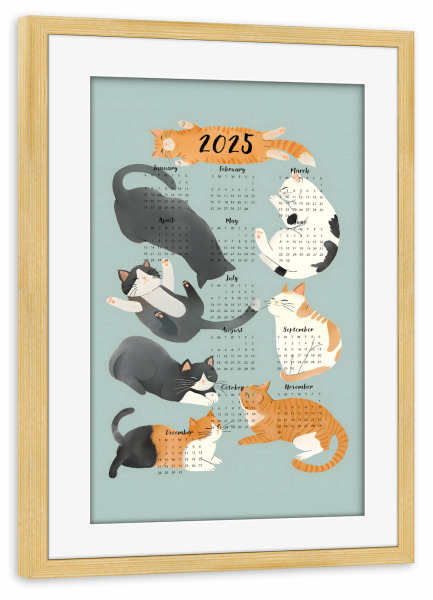 Poster mit Rahmen kiefer "Katzenkalender" artboxONE - Tiere,Lustig - Katze,Katzenliebhaber,Kalender,2025,Neujahr,Weihnachten,Malerei,Kätzchen