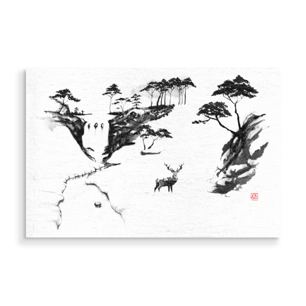 Holzbild "Deer in the snow" artboxONE - Natur,Tiere - Hirsch,Schnee,Berg,Sumie,Japan,Schwarzweiß,Natur