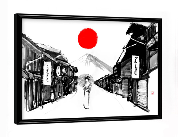 Poster mit schwarzem Rahmen "Geisha auf der Straße" artboxONE - Schwarzweiß,Städte / Tokio - Geisha,Stadt,Fuji,Yama,Japan,Sumie