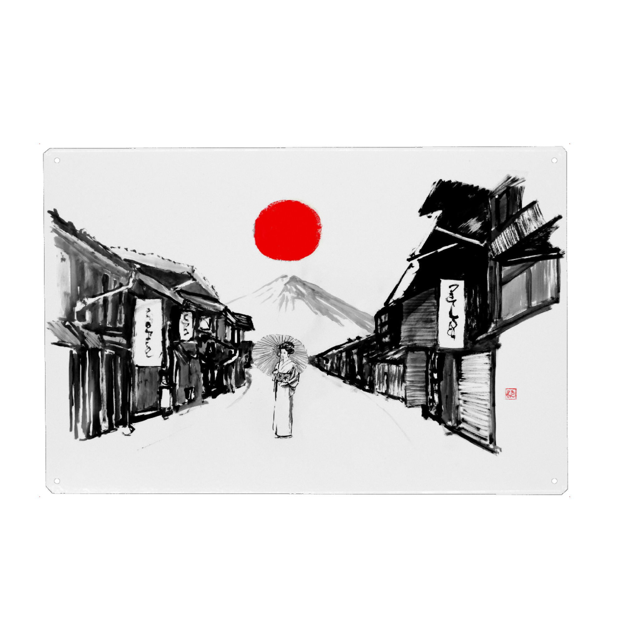 Holzbild "Geisha auf der Straße" artboxONE - Schwarzweiß,Städte / Tokio - Geisha,Stadt,Fuji,Yama,Japan,Sumie