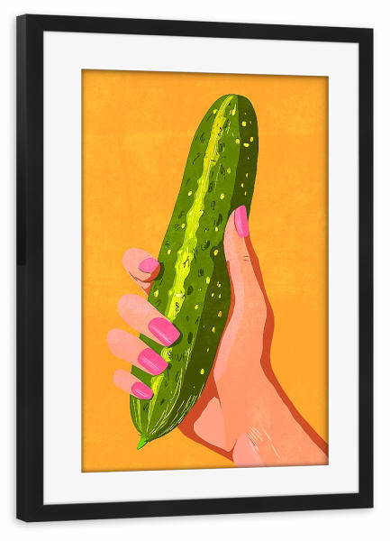 Poster mit Rahmen schwarz "Pinke Fingernägel und Gurke" artboxONE - Menschen,Essen & Trinken / Obst & Gemüse,Lustig