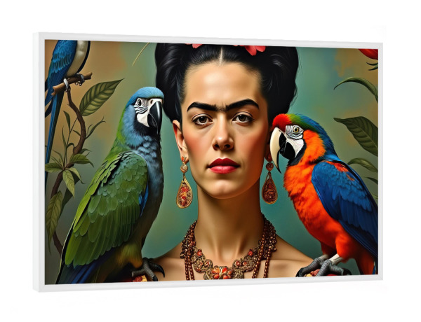Poster mit weißem Rahmen "Frida Kahlo mit Papageien -b" artboxONE - Abstrakt,Fashion
