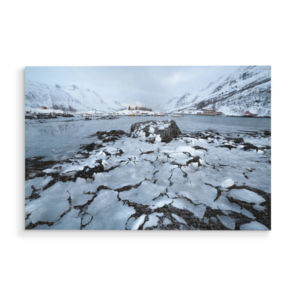 Holzbild "Eisiger Fjord" artboxONE - Natur - Norwegen,Ersfjorden,Ersfjordbotn,Ersfjord,Kvaloya,Norwegische küste,Skandinavien,Schnee,Eis,Winter