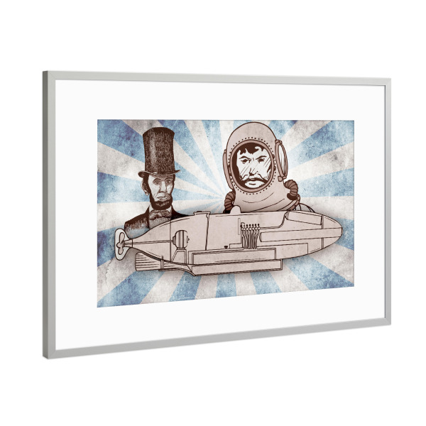 Poster mit Rahmen Silber "Submarine & Diver vintage" artboxONE - Unterwasser