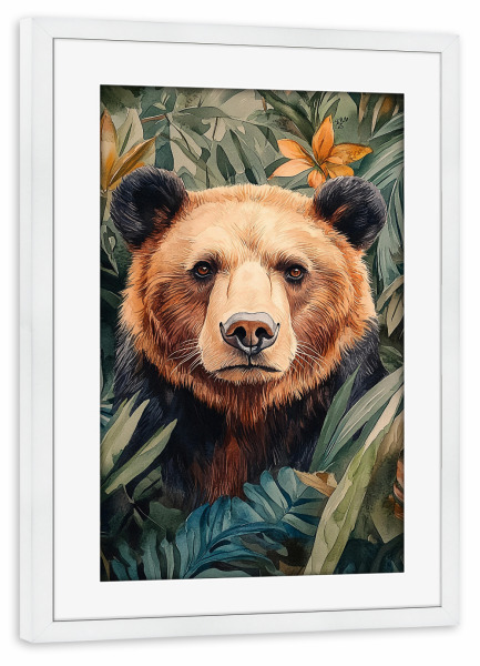 Poster mit Rahmen weiß "Bear Forest Leaves (matart)" artboxONE - Natur,Tiere - Bär,Wald,Blätter,Tier,Tiere,Natur,Wild,Tierwelt,Modern