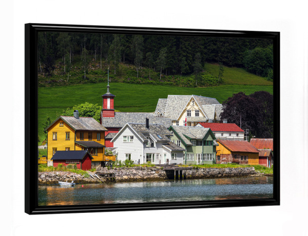 Poster mit schwarzem Rahmen "Häuser und Kirche in Fjærland" artboxONE - Natur,Reise,Architektur,Reise / Strand und Meer,Reise / Länder