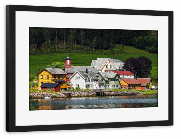 Poster mit Rahmen schwarz "Häuser und Kirche in Fjærland" artboxONE - Natur,Reise,Architektur,Reise / Strand und Meer,Reise / Länder