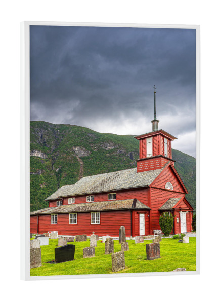 Poster mit weißem Rahmen "Kirche und Friedhof in Fjærland" artboxONE - Natur,Reise,Architektur,Reise / Länder