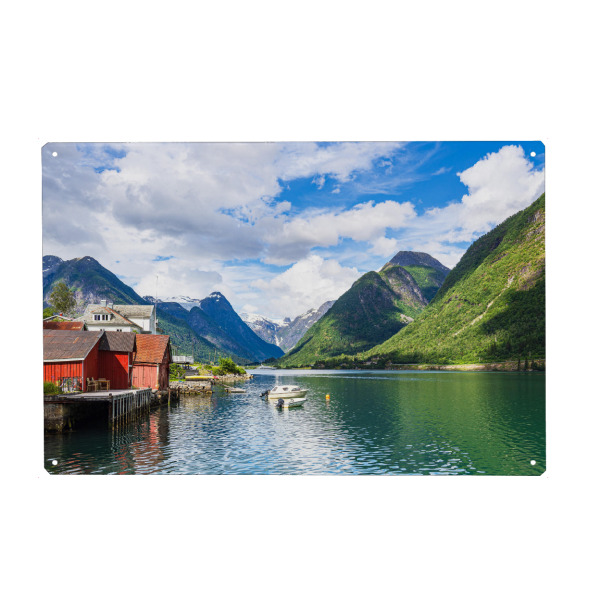 Metall Poster "Fjærlandsfjord mit Häuser" artboxONE - Natur,Reise,Architektur,Reise / Strand und Meer,Reise / Länder