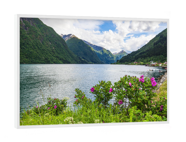 Poster mit weißem Rahmen "Fjærlandsfjord mit Blumen" artboxONE - Natur,Reise,Reise / Strand und Meer,Reise / Länder