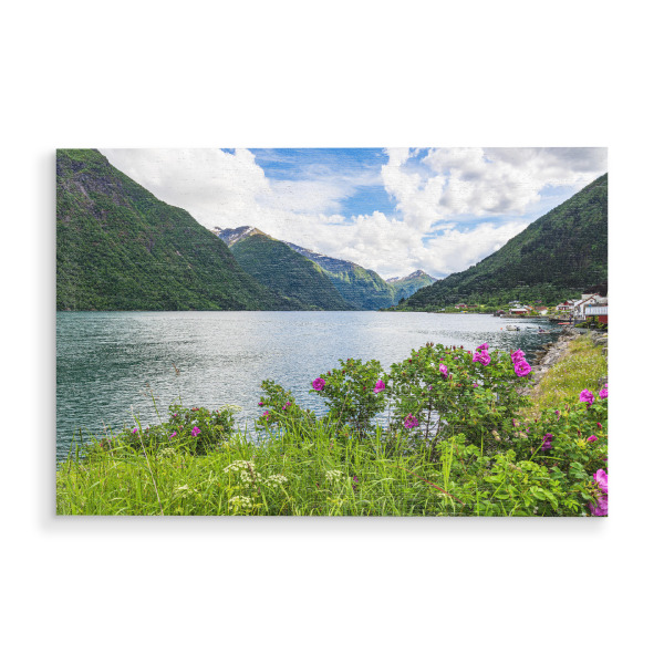 Holzbild "Fjærlandsfjord mit Blumen" artboxONE - Natur,Reise,Reise / Strand und Meer,Reise / Länder