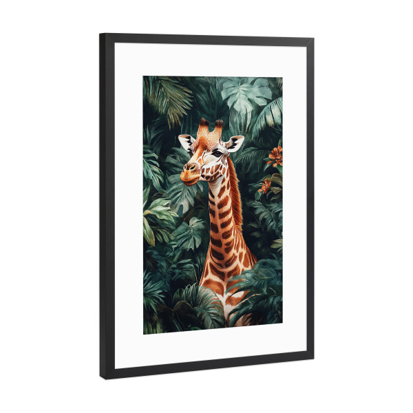 Poster mit Rahmen Schwarz (Metallic) "Giraffe Forest Leaves (matart)" artboxONE - Natur,Tiere