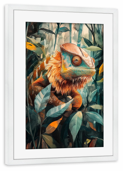 Poster mit Rahmen weiß "Chameleon Forest Leaves (matart)" artboxONE - Natur,Tiere - Chamäleon,Wald,Blätter,Tier,Tiere,Natur,Modern