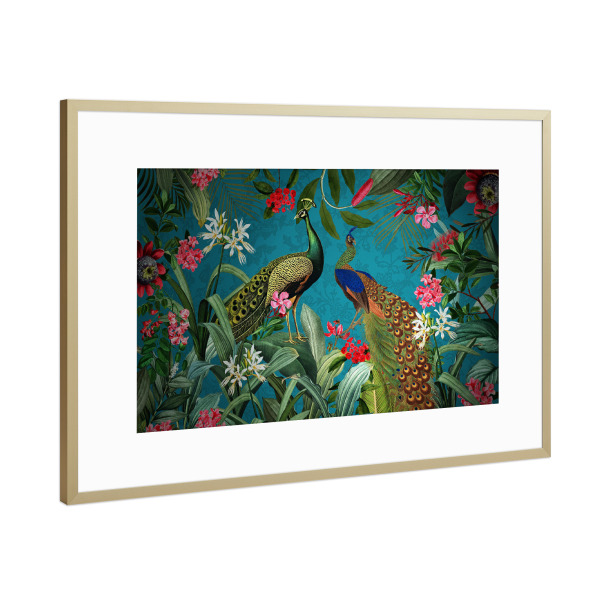 Poster mit Rahmen Gold "Tropischer Dschungel mit Pfauen" artboxONE - Natur,Reise,Floral,Tiere,Für Mama