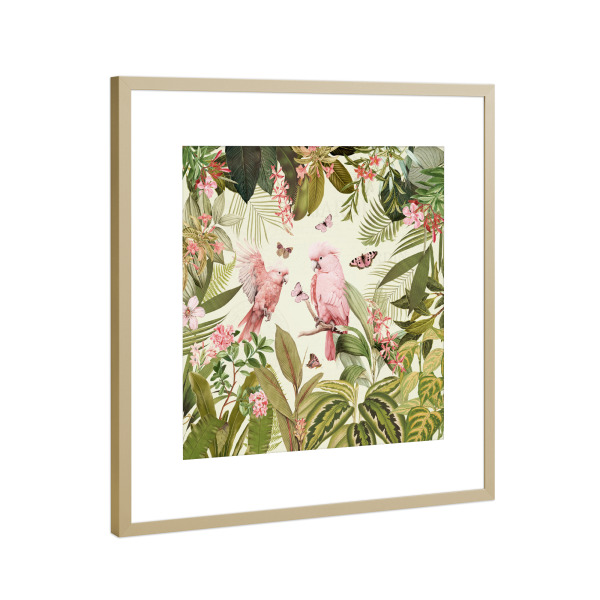 Poster mit Rahmen Gold "Tropischer rosa Papageientanz" artboxONE - Natur,Reise,Floral,Tiere,Für Mama