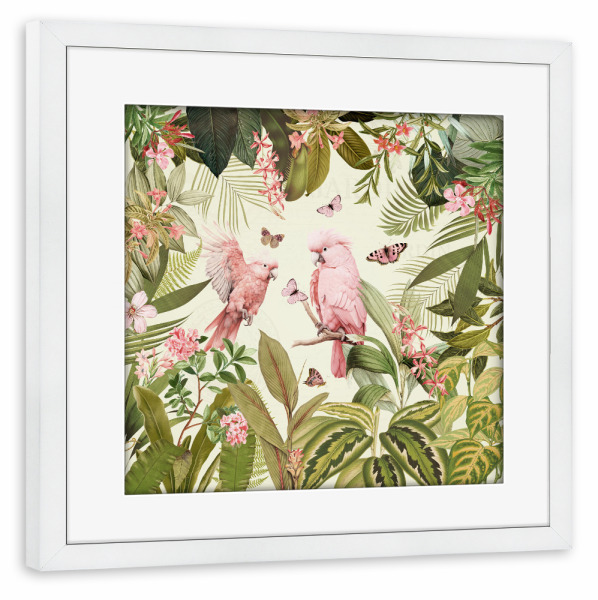 Poster mit Rahmen weiß "Tropischer rosa Papageientanz" artboxONE - Natur,Reise,Floral,Tiere,Für Mama
