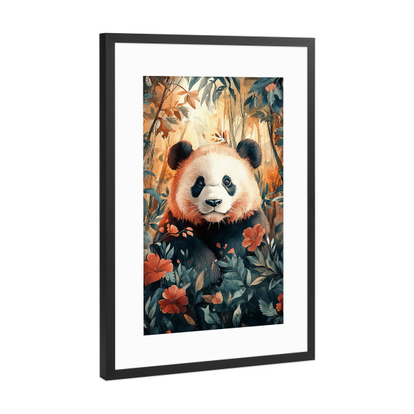 Poster mit Rahmen Schwarz (Metallic) "Panda Forest Flowers (matart)" artboxONE - Natur,Tiere