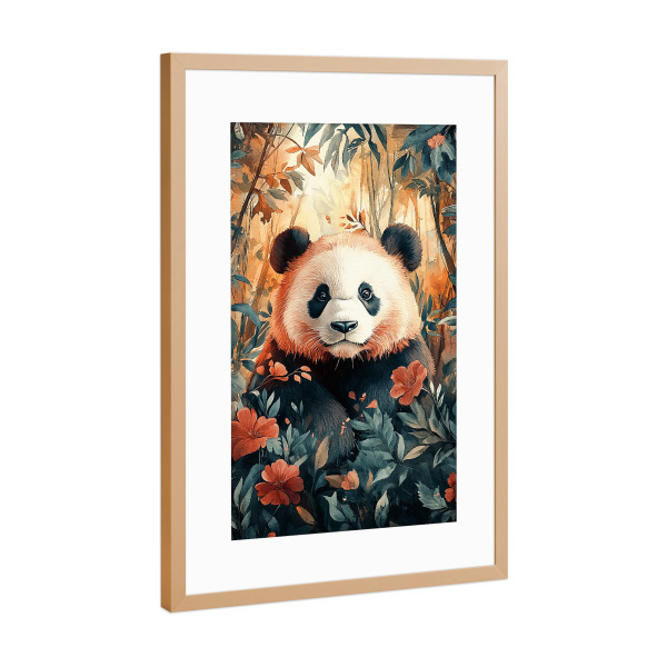 Poster mit Rahmen Kupfer "Panda Forest Flowers (matart)" artboxONE - Natur,Tiere - Panda,Bär,Wald,Blumen,Blätter,Tier,Tiere,Natur,Wild,Tierwelt,Modern