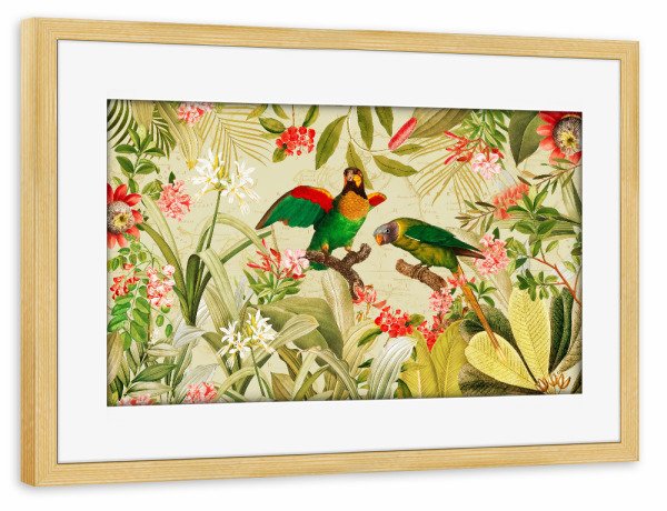 Poster mit Rahmen kiefer "Exotic Parrots In Tropical Jungle" artboxONE - Natur,Reise,Floral,Tiere,Für Mama