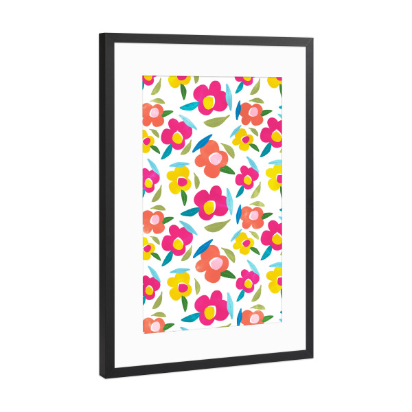 Poster mit Rahmen Schwarz (Metallic) "Helle Blumen auf Weiß" artboxONE - Floral