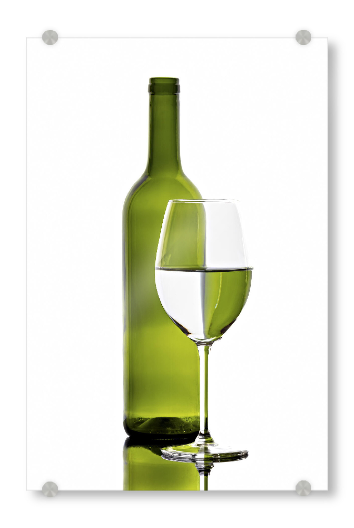 Acrylglasbild "Grüne Weinflasche mit Glas" artboxONE - Abstrakt - Wein,Flasche,Weinflasche,Bar,Restaurant,Bunt,Farbig,Farbe,Weinglas,Spiegelung