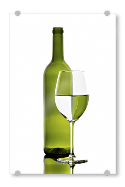 Acrylglasbild "Grüne Weinflasche mit Glas" artboxONE - Abstrakt - Wein,Flasche,Weinflasche,Bar,Restaurant,Bunt,Farbig,Farbe,Weinglas,Spiegelung