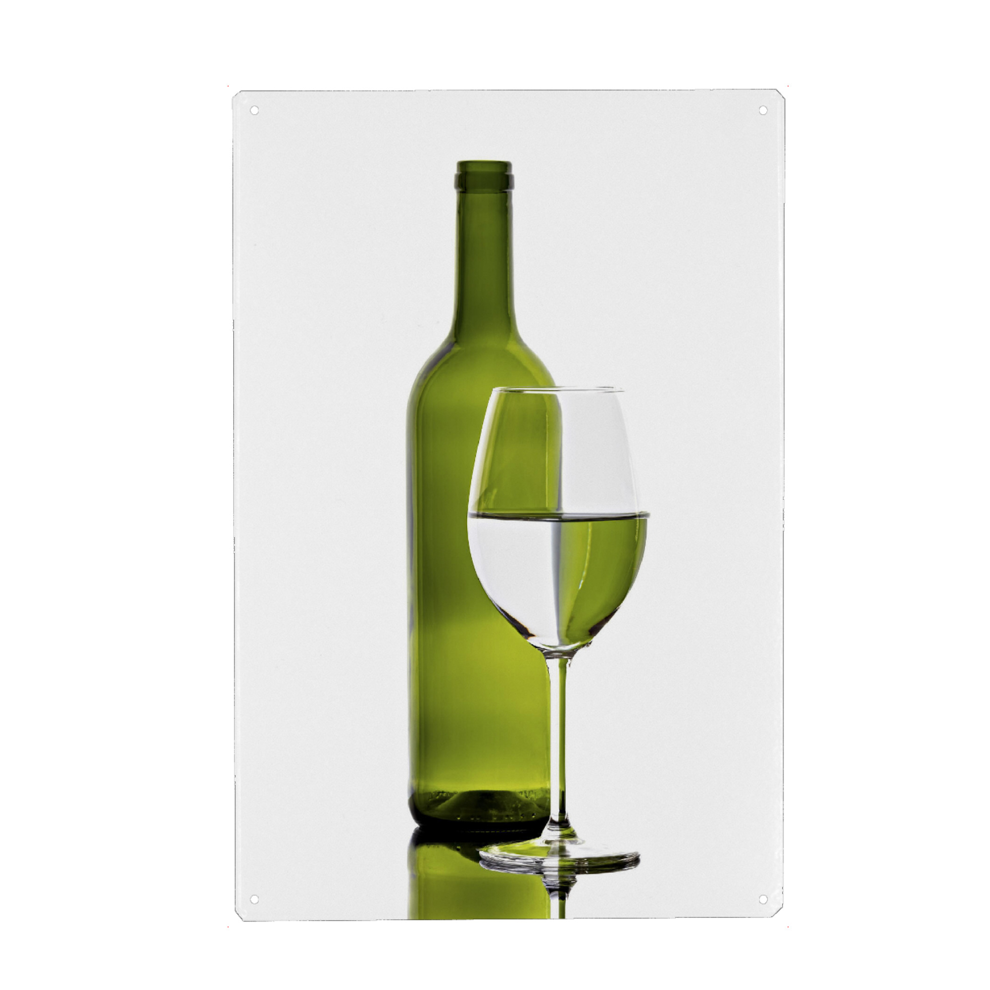 Metall Poster "Grüne Weinflasche mit Glas" artboxONE - Abstrakt - Wein,Flasche,Weinflasche,Bar,Restaurant,Bunt,Farbig,Farbe,Weinglas,Spiegelung