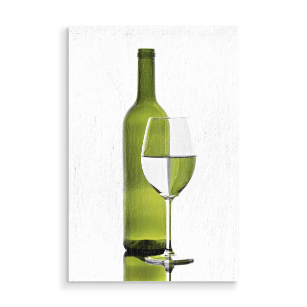 Holzbild "Grüne Weinflasche mit Glas" artboxONE - Abstrakt - Wein,Flasche,Weinflasche,Bar,Restaurant,Bunt,Farbig,Farbe,Weinglas,Spiegelung