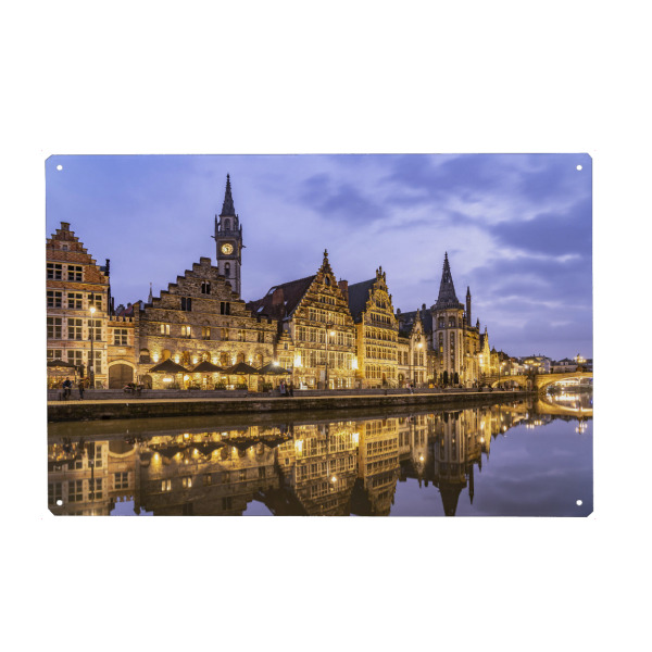 Holzbild "Abend in Gent Belgien" artboxONE - Städte,Architektur - Gildehaeuser,Graslei kai,Leie,Abenddämmerung,Gent,Belgien