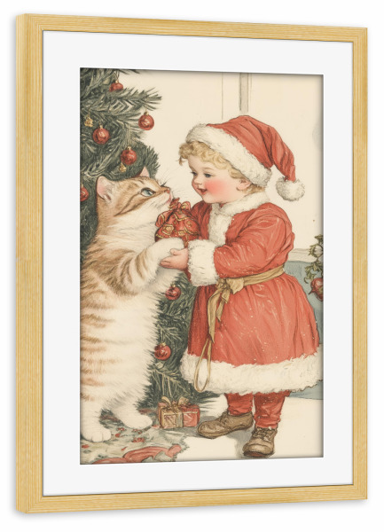 Poster mit Rahmen kiefer "Kleiner Weihnachtsmann und Katze" artboxONE - Für Kinder,Tiere,Weihnachten,Festivals