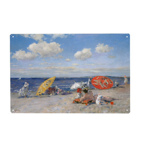 Metall Poster "At The Seaside" artboxONE - Natur,Menschen,Reise / Strand und Meer - Strand,Küste,Menschen,Strandtag,Regenschirm - Blechschild